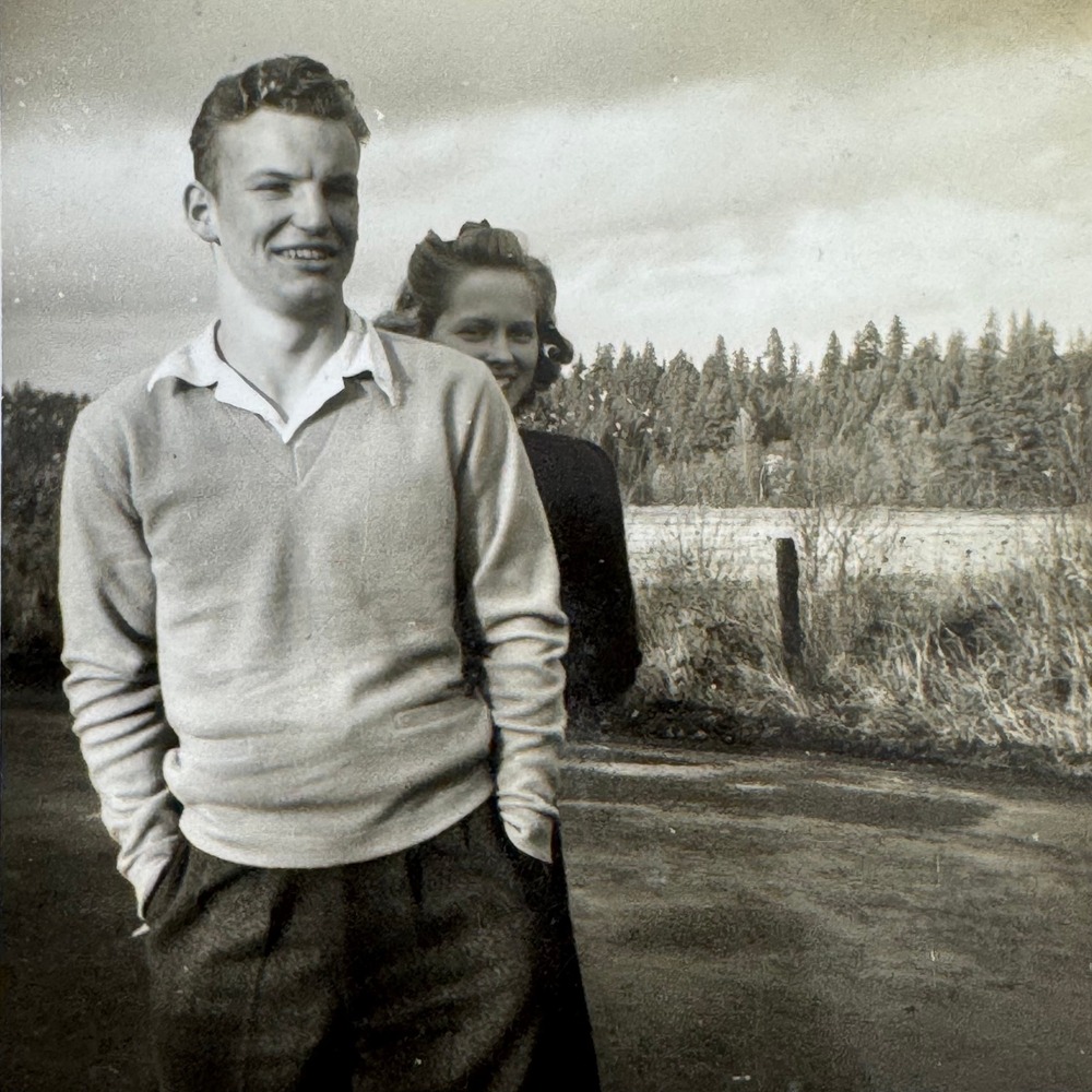 Vintage 1950s Black and White Photo Young Couple Forest Background 3x3.75